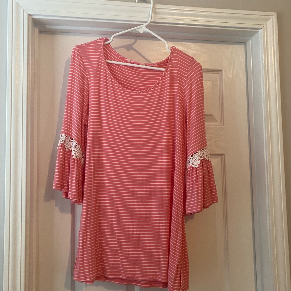 Women’s Coral Stripe Bell Sleeve Top with Lace Accent